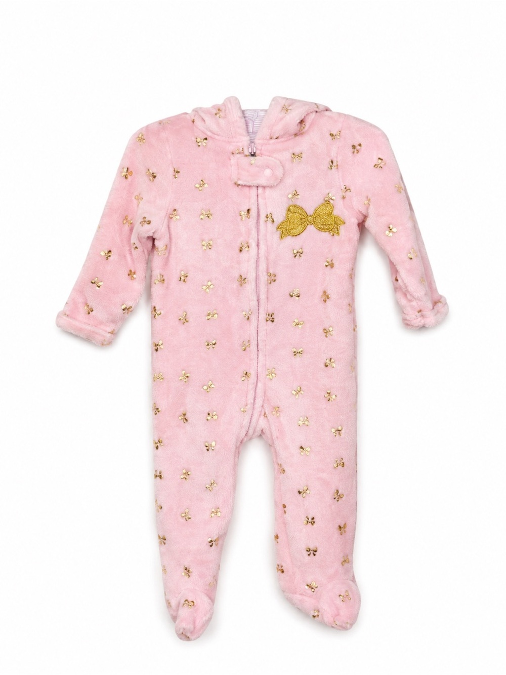 Duck Duck Goose Baby Girls 3-6M Pink Gold Bow Hooded Fleece Footed Sleeper